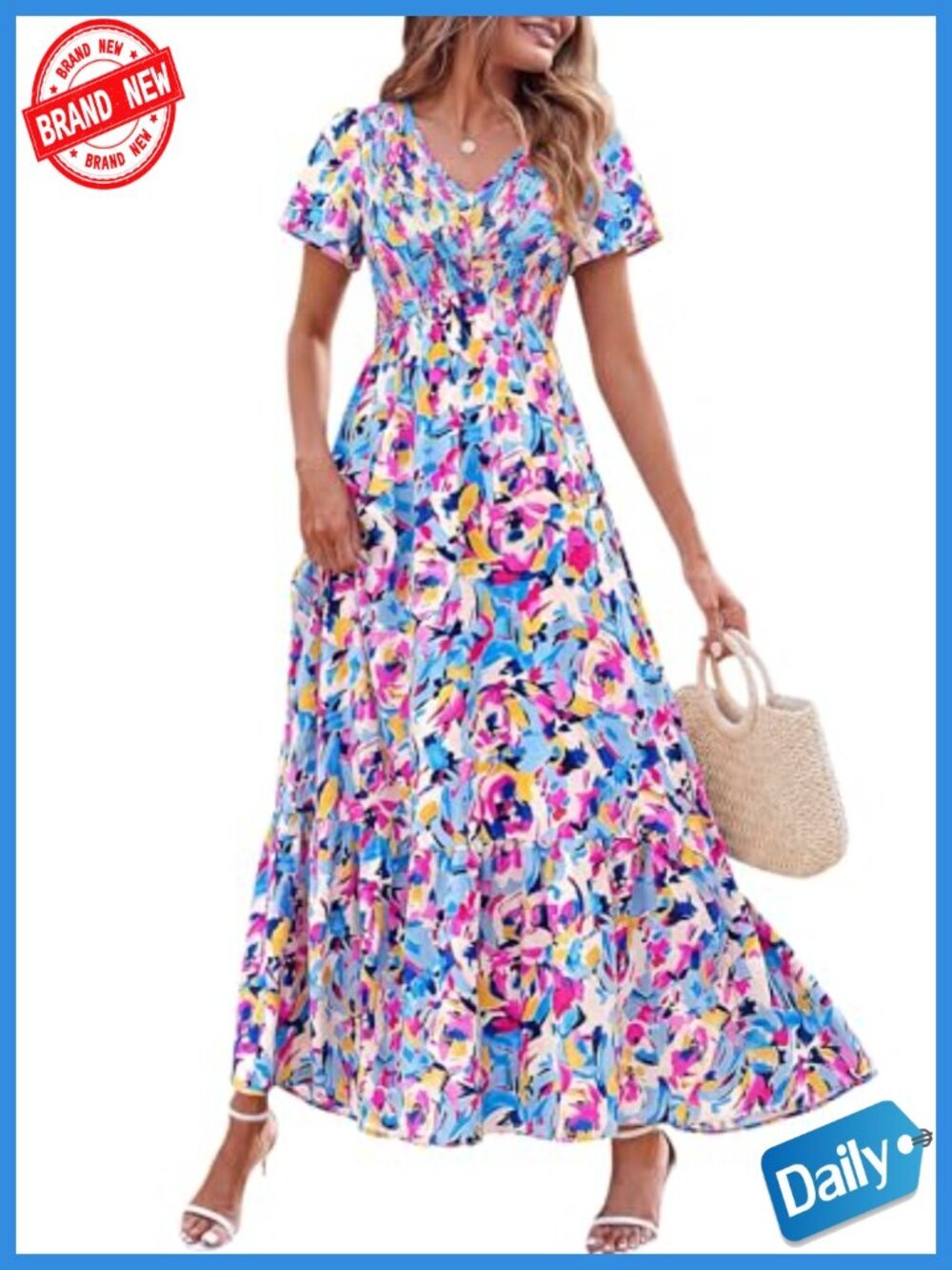 Boho Floral Smocked V-Neck Tiered Maxi Dress with Pockets